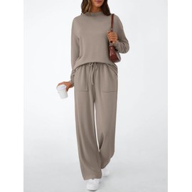 LILLUSORY Womens Lounge Two 2 Piece Sets Fall 2025 Mock Neck Tops Wide Leg Pants Tracksuit Sweatsuit Outfits Clothes Casual Nutmeg XL