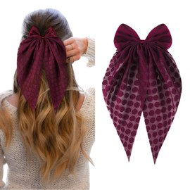 Large Hair Bows for Women,Silky Stain Hair Ribbon Hair Bow Clips With Long Tail,French Barrettes for Girls Retro Accessories,Wine Red