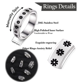 KOHOTA Stainless Steel Fidget Rings for Women Men Anxiety Rings Moon Star Flower Spinner Rings for Anxiety Stress Relieving Band Rings Set Size 6-10