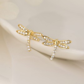 Meissa Sterling Silver Dragonfly Earrings Cute Dragonfly Bug Studs Cubic Zirconia Earring Silver Gold Rose Gold Pleated (Gold)