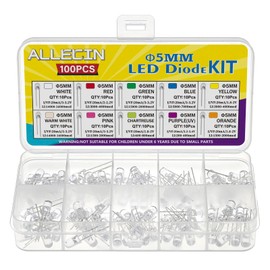ALLECIN 100PCS 5MM LED Diode Light Assortment Kit 10 Colors White Red Green Blue Yellow Warm White Pink Chartreuse Purple Orange Lighting Bulb Emitting Lamps Diodes Electronics Parts