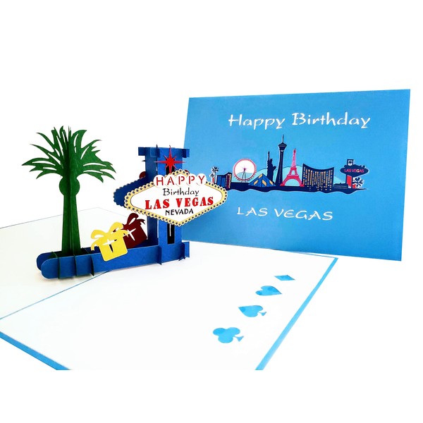 iGifts And Cards Unique Happy Birthday Blue Cover Las Vegas 3D Pop Up Greeting Card - Fun, Special Occasion, Congratulations, Celebration, Feliz Cumpleaños, Best Friend, Cute, Sin City, Famous, Unique
