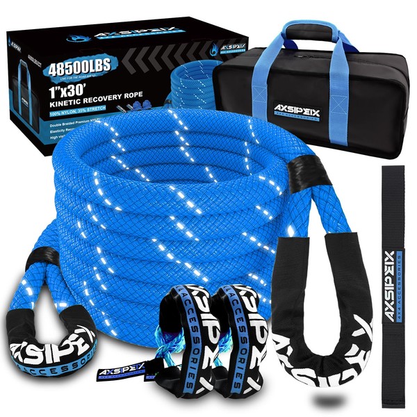 AXSIPEIX 1in x 30ft Kinetic Recovery Rope Kit (Reflective), 48,500Lbs,