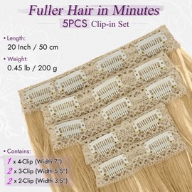 BARSDAR Clip-In Extensions, 50 cm Wavy Clip-In Hair Extensions Blonde for Women, 5 Pieces, Natural Hair Extensions, Synthetic Hairpiece, Hair Extensions, Light Ash Blonde Mixed