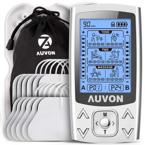 AUVON TENS EMS Device, 2 Channels and 24 Modes 3-in-1 Stimulation Current Device with 12 Pieces 2 x 2 Inch TENS Electrode Pads with Patented Design for Pain Relief & Muscle Building on the Back, Shoulders etc.