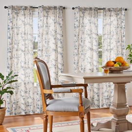 jinchan Linen Floral Curtains 84 Inch Farmhouse Country Flower Drapes Rustic Window Curtains Light Filtering for Living Room Bedroom Laundry Back Tab 2 Panels Blue on Beige