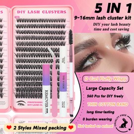 Lash Clusters Kit, 560 Pcs Eyelashes Clusters Kit 9-16mm Individual Lash Extension Kit D Curl Fluffy Wispy False Eyelashes (50D+60D, Lash Clusters)