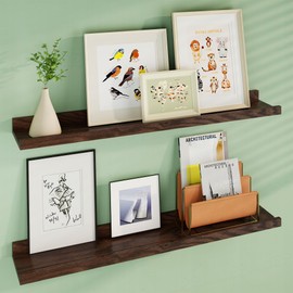 FLYJOE Floating Picture Ledge Shelves 36 Inch Solid Oak Wood Set of 2, Rustic Wall Storage Shelves with Lip, Kids Bookshelf, Photo & Picture Ledge Shelves for Bedroom, Living Room, Kitchen (Dark Oak)