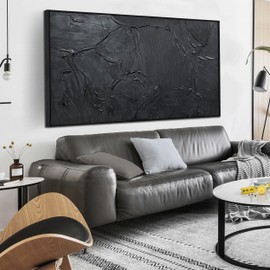 HUBOSKN Black Abstract Hand Painted Wall Art for Living Room - Minimalist Large Canvas Wall Art for Office - Frames Wall Decor Bedroom Size 29" x 59"