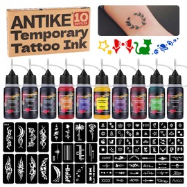 ZYH2312333KIT Temporary Paint Set, 10 Bottles of Colour Ink 0.5 oz with Stencils, for DIY Temporary Tattoos