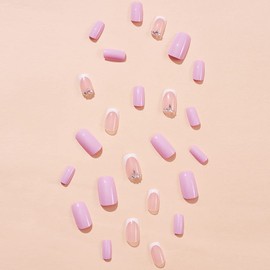 Pink Fake Nails French Tip Press on Nails Square Shape False Nails Cute Acrylic Nails Medium Stick on Nails Full Cover Artificial Fake Nails Glossy Glue on Nails for Women Girls Nail Decoration 24Pcs