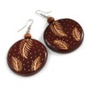 70mm Long/Brown Wooden Round Disk Drop Earrings with Feather Pattern