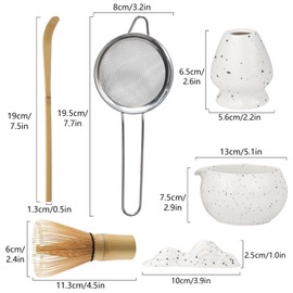 Matcha Tea Set with Whisk, Ceramic Bowl, Scoop & Holder Matcha Whisk Set for Matcha Tea Ceremony(White)