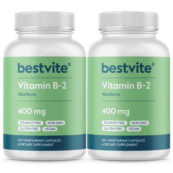 BESTVITE Vitamin B-2 (Riboflavin) 400mg (240 Vegetarian Capsules) (120 x 2) - No Stearates - Vegan - Non GMO - Gluten Free