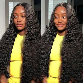 Glueless Wigs Human Hair Pre Plucked Pre Cut Wear And Go Deep Wave 13x4 Lace Front Wigs Human Hair Curly Human Hair Wig 180% Density Ready To Wear Glueless Wigs Human Hair Natural Black Color 28inch