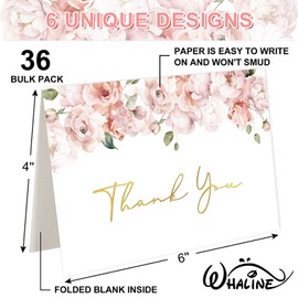 Whaline 36 Packs Floral Gold Foil Thank You Cards Watercolor Pink Flower Greeting Cards Blank Note Cards with Envelopes and Stickers for Wedding Baby Shower Bridal Shower Party, 4 x 6 Inch