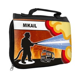 Wash Bag with Name Mikail and Fire Engine Motif for Boys Toilet Bag with First Name Wash Bag for Children