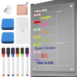 Magnetic Fridge Planner, 30x20cm Acrylic Magnetic Dry Erase Board for Fridge with Accessories for Menu Meal Memo (Transparent 12 Piece Set)