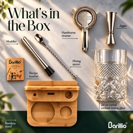 Barillio 24 Oz Crystal Cocktail Mixing Glass with Bamboo Stand & Bar Tools | Seamless Lead-Free Crystal, Weighted Base Stirring Pitcher | Including Muddler, Mixing Spoon, Jigger and Strainer