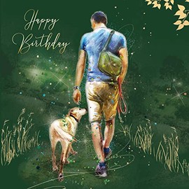 Cherry Orchard Luxury Happy Birthday Card Man and his Dog - Gold Foil Detailing and Gold envelope from Publishing