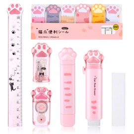 TIESOME Cute Cat Paw Stationery Set, 7 Pcs Kawaii Cartoon School Supplies Includes Sharpener Retractable Eraser Correction Tape Sticky Notes Ruler Eraser Replacement Core for Cat Lovers Students