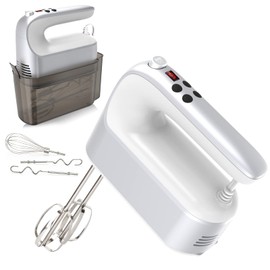 Yomelo 9-Speed Digital Hand Mixer Electric, 400W Powerful DC Motor, Hand Mixer Electric Handheld with Snap-On Storage Case, 5 Stainless Steel Accessories, Beaters, Dough Hooks, Whisk(Silvery White)