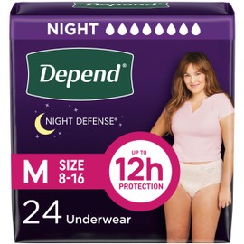 Depend Night Defense Adult Diapers, Incontinence & Postpartum Bladder Leak Underwear for Women, Disposable, Overnight, Medium, Blush, 24 Count, Packaging May Vary