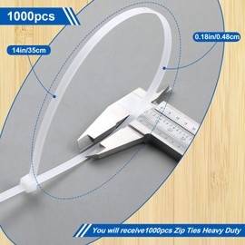 1000 Pcs 14" Zip Ties Heavy Duty Plastic Zip Wire Ties 49 lb Tensile Strength UV Resistant Cable Ties Self Locking Tie Wraps for Indoor and Outdoor (White)