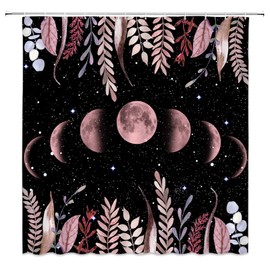 ZWSMZW Moon Phase Shower Curtain Moonlit Garden Boho Floral Starry Night Vines Frame Leaves Plants Magic Lunar Black and Pink Bathroom Bathtub Decor Fabric Curtains with Hooks