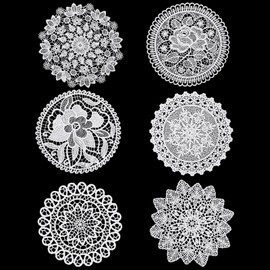 XLIUAX 6 PCS Lace Crochet Doilies, 6 Inch Round White Vintage Placemats Handmade Rustic Cup Mats Lace Coasters for Kitchen Dining Room Tables Wedding Birthday Party Cup Vase Decoration(B)