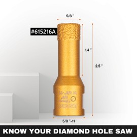 KSEIBI 615216 Diamond Hole Saw, 5/8 Inch (16mm) Diamond Core Drill Bit for Porcelain, Ceramic, Granite Drill Bits, Brick, Marble, Dry Cutting, 1-3/8" Drilling Depth, 5/8"-11 Thread, 2PC's