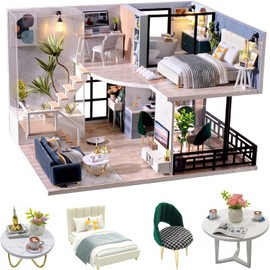 Prxyloxy DIY Miniature House Kit,Double Layer Loft Miniatures Dollhouse Kit with LED Light & Dust Cover(The Satisfied Time)