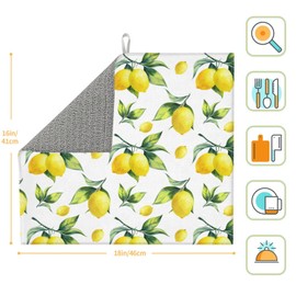 Yellow Lemon Green Leaves Dish Drying Mat For Kitchen Counter Microfiber Absorbent Dish Draining Webbing Lanyard Reusable Easy Clean Large 16" X 18"