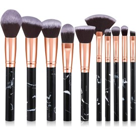 Brochas de maquillaje, START MAKERS Juego de 10 brochas de maquillaje de mármol para base en polvo, colorete, mezcla de sombras de ojos, juegos para rostro, sombra de ojos, cejas, corrector, contorno, resaltado (negro)