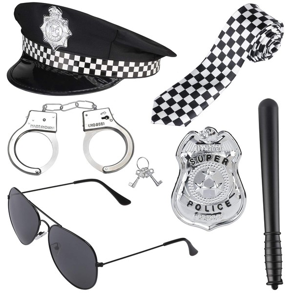 Beelittle Police Costume Accessories Hat Handcuffs Policeman Badge Cop Swat FBI Cosplay (Black 1)