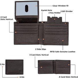 J T C JUZAR TAPAL COLLECTION Genuine Leather RFID Blocking Bifold Wallet for Men, Stylish Bifold, Flip-up Window ID Eyelet Hole for Biker Chain (J521BF, Brown)
