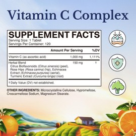 Vitalitown Vitamin C Complex 1000mg with Rose HIPS, Bioflavonoids, Turmeric & Echinacea, Daily Immune Support, Collagen Booster & Powerful Antioxidant, Vegan, 120 Tablets