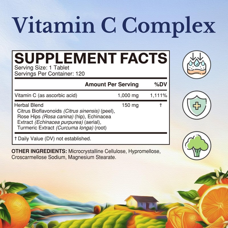 Vitalitown Vitamin C Complex 1000mg with Rose HIPS, Bioflavonoids, Turmeric