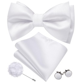 Barry.Wang Pre-tied Bow Ties for Men Adjustable Solid Color Tuxedo Bowtie Set with Hanky Cufflinks Brooch Wedding Party, White Satin, One Size