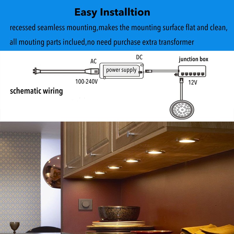 Under Cabinet Lighting Dimmable LED Puck Lights,Recessed Mount,12V Low Volt,60mm