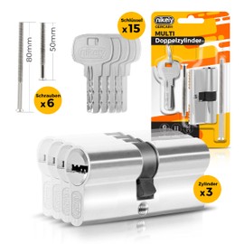 GERCAR 3 x Keyed Alike Locking Cylinders, 3 Profile Cylinder 45/45 Including 15 Keys - 90 mm - Double Cylinder Door Lock Cylinder Lock Simultaneous Locking Set of 3 - Length: 90 mm, A:45 B:45