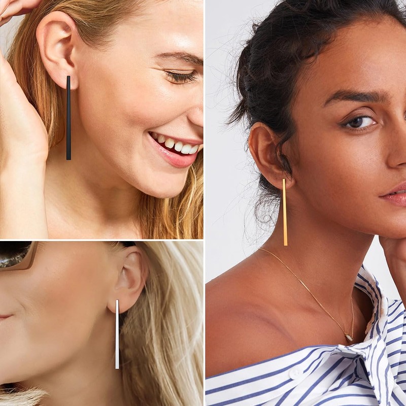 Black Bar Earrings for Women, Thin Flat Geometric Stick Drop