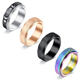 VCMART Spinner Ring for Women Anxiety Relief 4Pcs 6MM Stainless Steel Sand Blast Glitter Finish Rose Gold Silver Rainbow Black Color Fidget Anxiety Ring Band Set Size 8