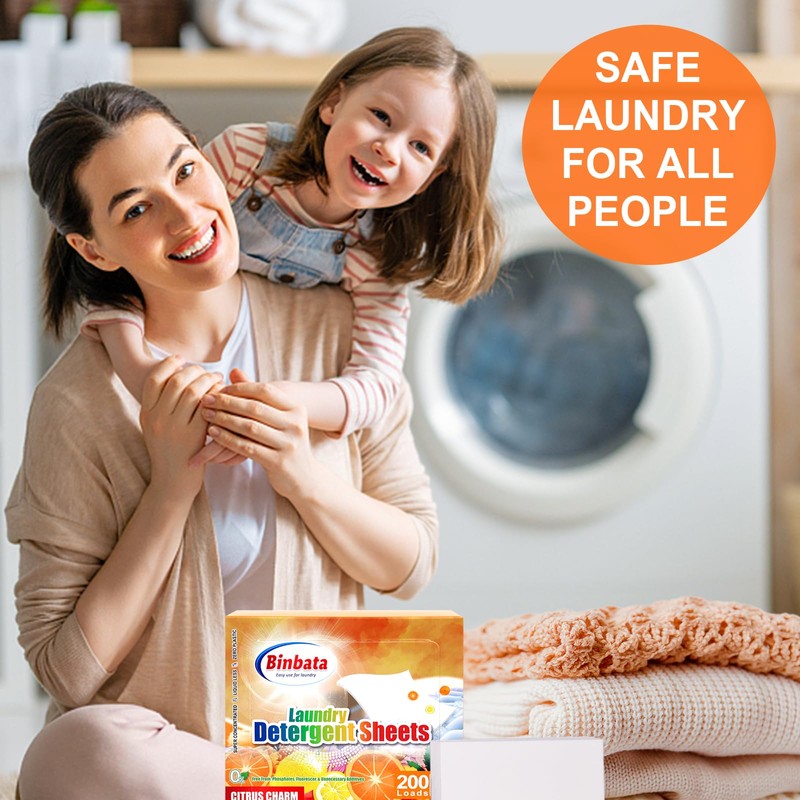 Binbata Laundry Detergent Sheets, 200 Loads Citrus Charm Scent Hypoallergenic