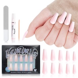 VAVAVAILS Press On Nails Long Coffin Shaped Semi-Transparent False Nails, Full Cover Pink Blush Fake Nails, Reusable 12 Sizes - 24 Nail Kit with Glue & Jellied Gel