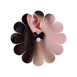 Cybche Vintage Black Velvet Bow Earrings White Pearl Earrings Black Suede Bow Stud Earrings Thick Black Bowknot Pearl Earrings Wedding Pearl Bowknot Earrings Jewellery for Women, Zinc, No Gemstone