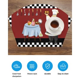 Farmhouse Cartoon Fat Chef Placemats for Round Table Kitchen Restaurant, Retro Black White Plaid Round Table Placemats Set of 4, Wedge Decorative Dining Table Mats Centerpiece Woven Place Mat