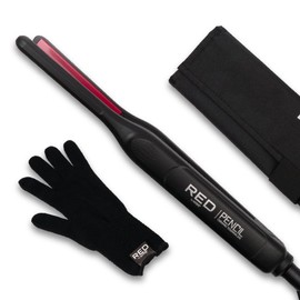 Red by Kiss Pencil Flat Iron up to 450°F Thin Small Tourmaline Ceramic Plate 0.3 inch (3/10") for Women and Men, Short to Medium Hair, Pixie Cut, Bangs, Edges.. A Travel Pouch and a Glove Included