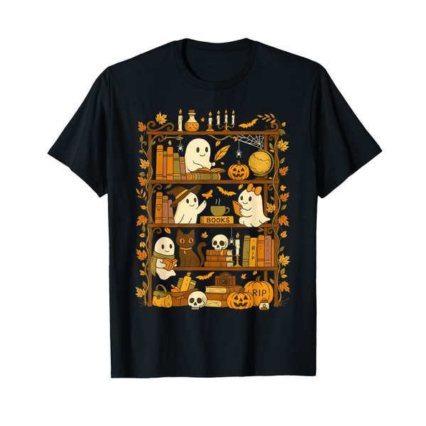 Retro Bookshelf Black Cat Halloween Ghost Reading Book Lover T-Shirt