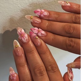 3D Flower Summer Press on Nails Medium Almond French Tip Fake Nails 3D Flower Hibiscus with Gold Beads Design Glue on Nails Full Cover Artificial Acrylic Nails Stick on Nails for Women Manicure Decor